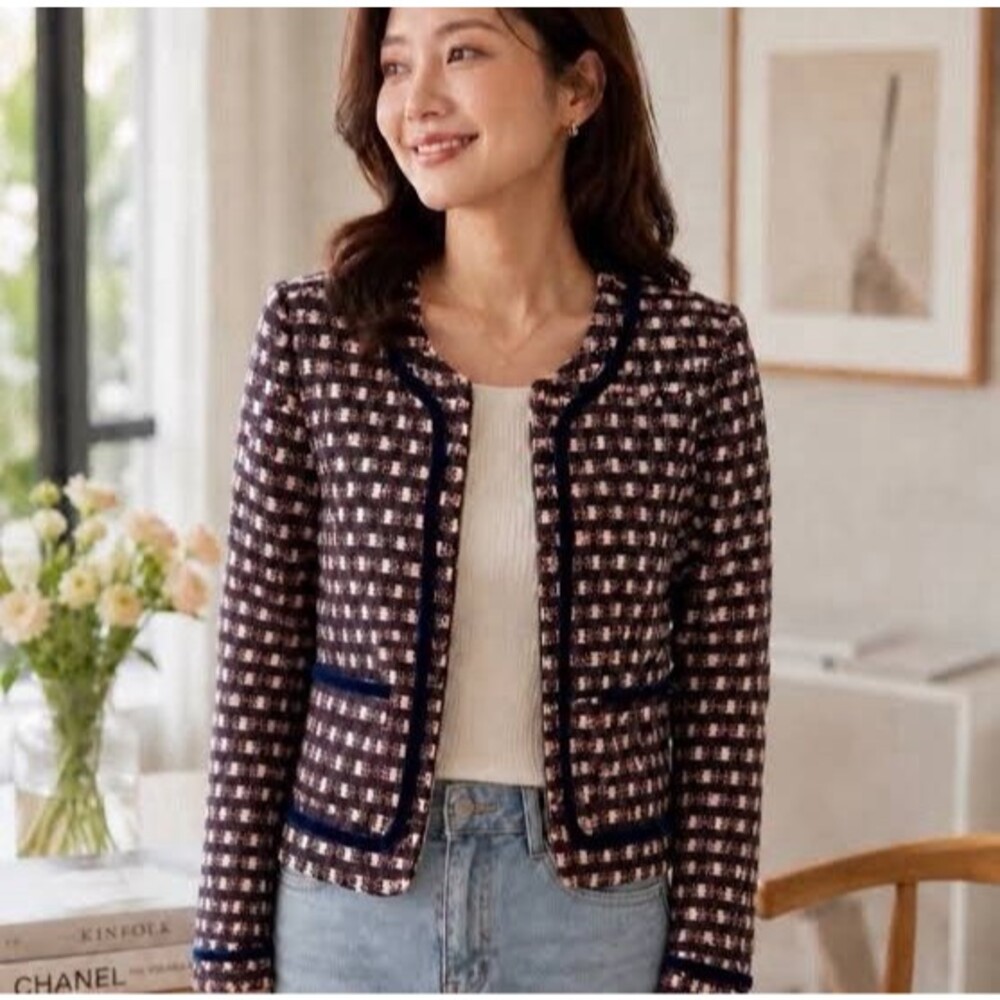 Brooks Brothers Plaid Tweed Jacket Velvet Trim Sz 4 Quiet Luxury Crop Blazer